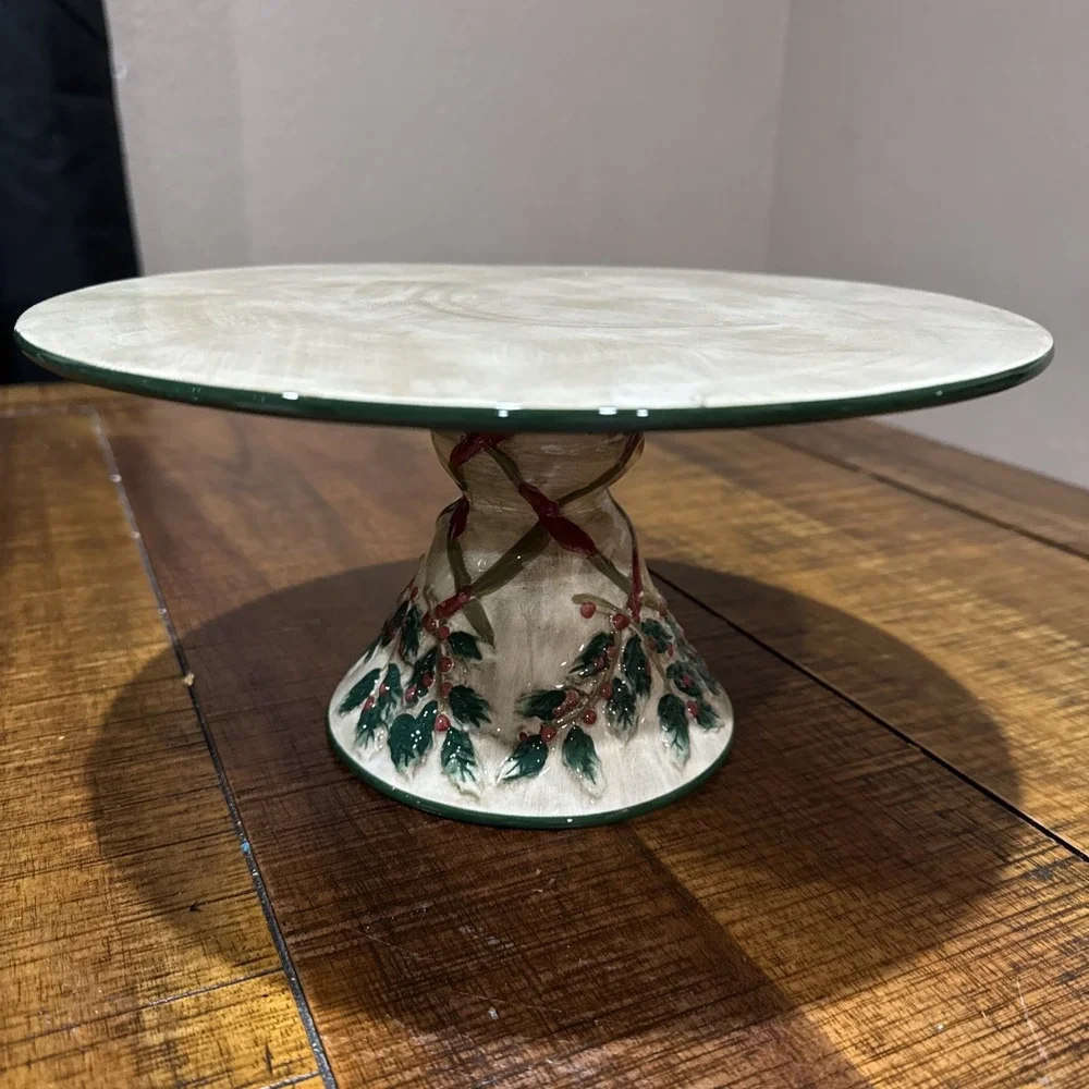 Hand Painted Christmas Holly‎  & Berries Cake Dessert Stand Platter New 11